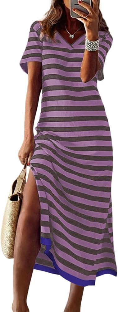 Dokotoo Womens Summer Casual Trendy 2026 Short Sleeve Maxi Dress Striped Split Vacation Color Blo... | Amazon (US)
