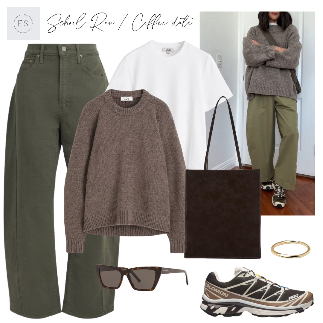 Casual Autumn outfit. 

Light brown / mole rounded cashmere jumper, gold bangle, white t-shirt, khaki barrel leg jeans, dark aubergine suede effect tote bag, brown tortoiseshell cat eye sunglasses, Salomon XT-6 brown, cream, dark beige. 

 #LTKuk #LTKautumn #LTKjeans