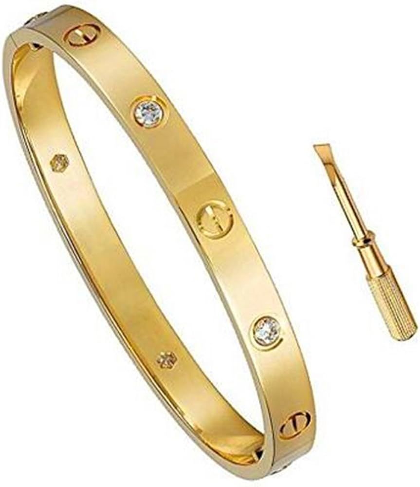 Women's Fashion Love Bracelet - Titanium Steel Screws 3 Crystal Designs Bracelets (Gold, 7.5") | Amazon (US)