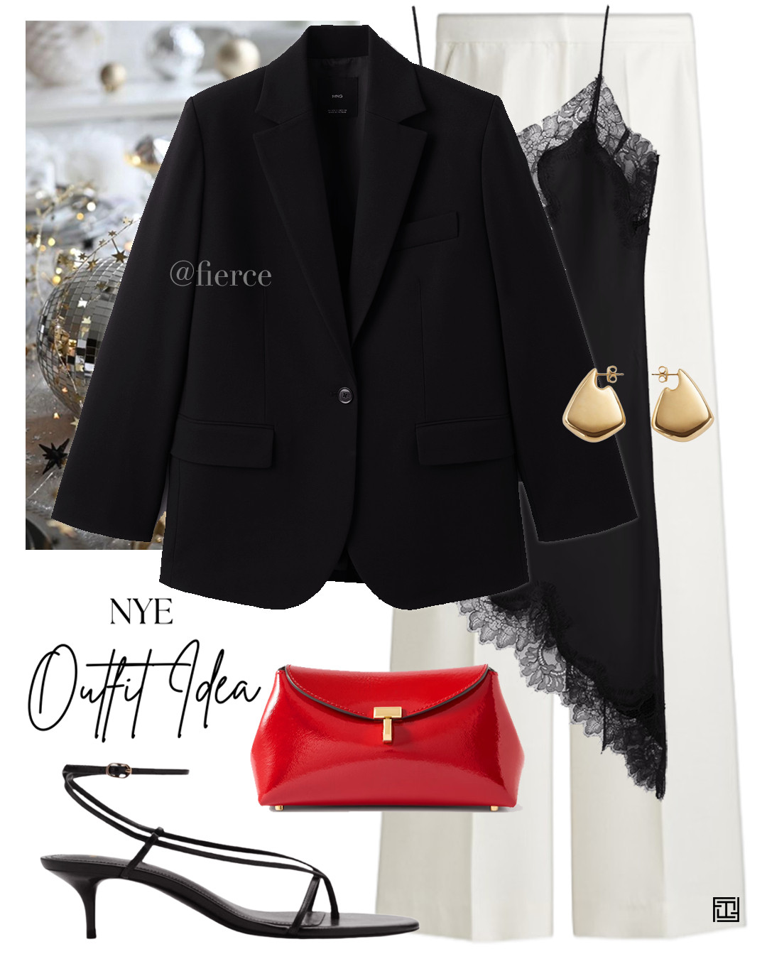 lace trim top white trousers red clutch bag black strappy heeled sandals blck blazer party wear nye 

 #LTKuk #LTKfestive #LTKdatenight