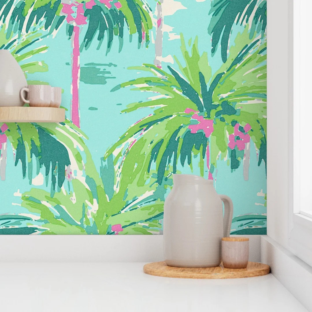 Tropical Island Vibe Palm Tree Wallpaper | Preppy Style | Green Teal Aqua Pink | Coastal Beach Ho... | Etsy (US)