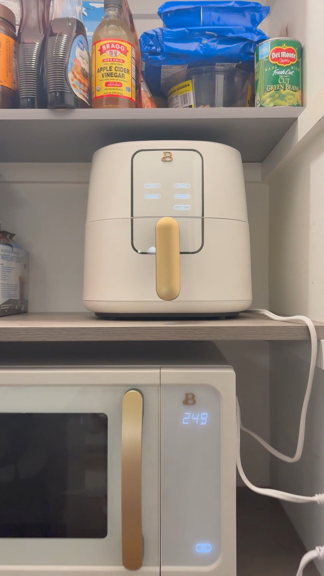 I found this white & gold kitchen set from the Beautiful by Drew Barrymore line at Walmart and it instantly elevated my pantry — functional AND aesthetic!!

The microwave + air fryer combo looks high-end but is super affordable (we love a bougie-on-a-budget moment). Perfect for quick meals, busy weeknights, or making your kitchen or pantry feel designer without a remodel.

Linking the Beautiful kitchen appliances, white and gold small appliances, aesthetic countertop appliances, affordable luxury kitchen decor, modern neutral kitchen accessories, and dorm & apartment friendly kitchen upgrades in my LTK!

#LTKfoodie #LTKSaleAlert #LTKHome