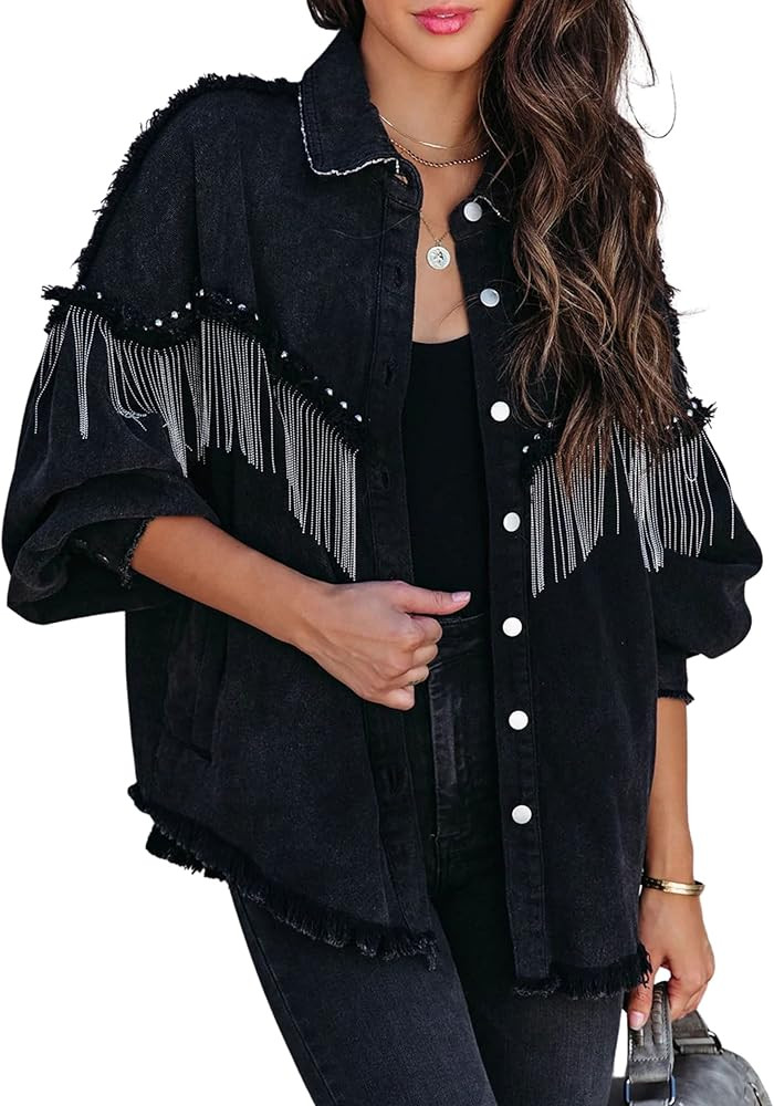 Daacee Oversized Black Fringe Denim Jacket for Women Frayed Sparkly Rhinesstone Jean Jackets Coat... | Amazon (US)