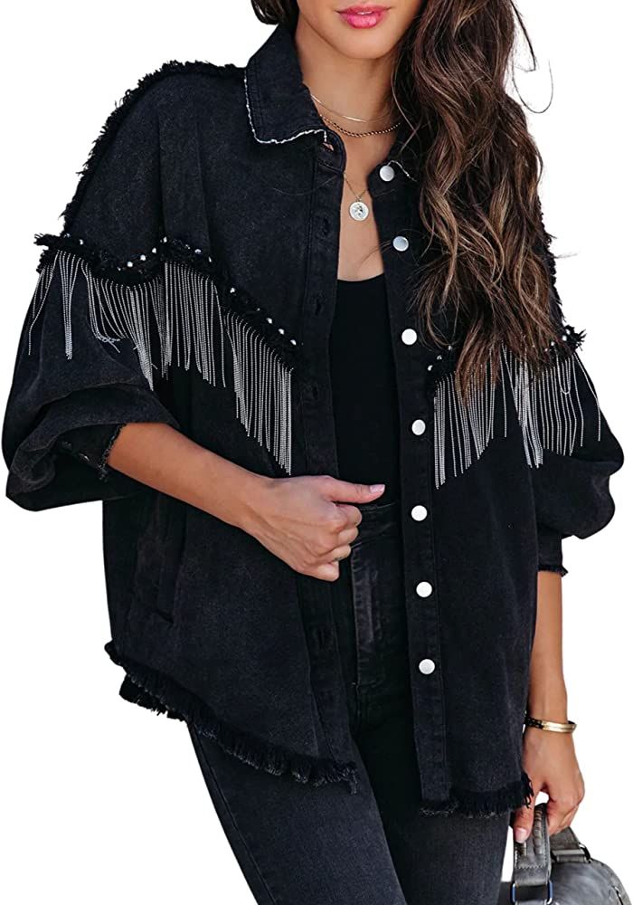 Daacee Casual Frayed Tassel Black Denim Jacket for Women Fashion Fringe Rhinestone Cowgirl Jean C... | Amazon (US)