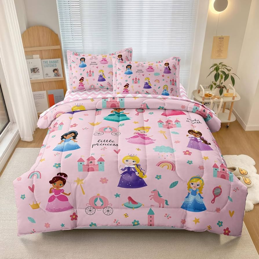 Kids Magical Princess Comforter Set Bed in a Bag Twin Size- 5 Piece Soft Cute Castle Bedding Set ... | Amazon (US)
