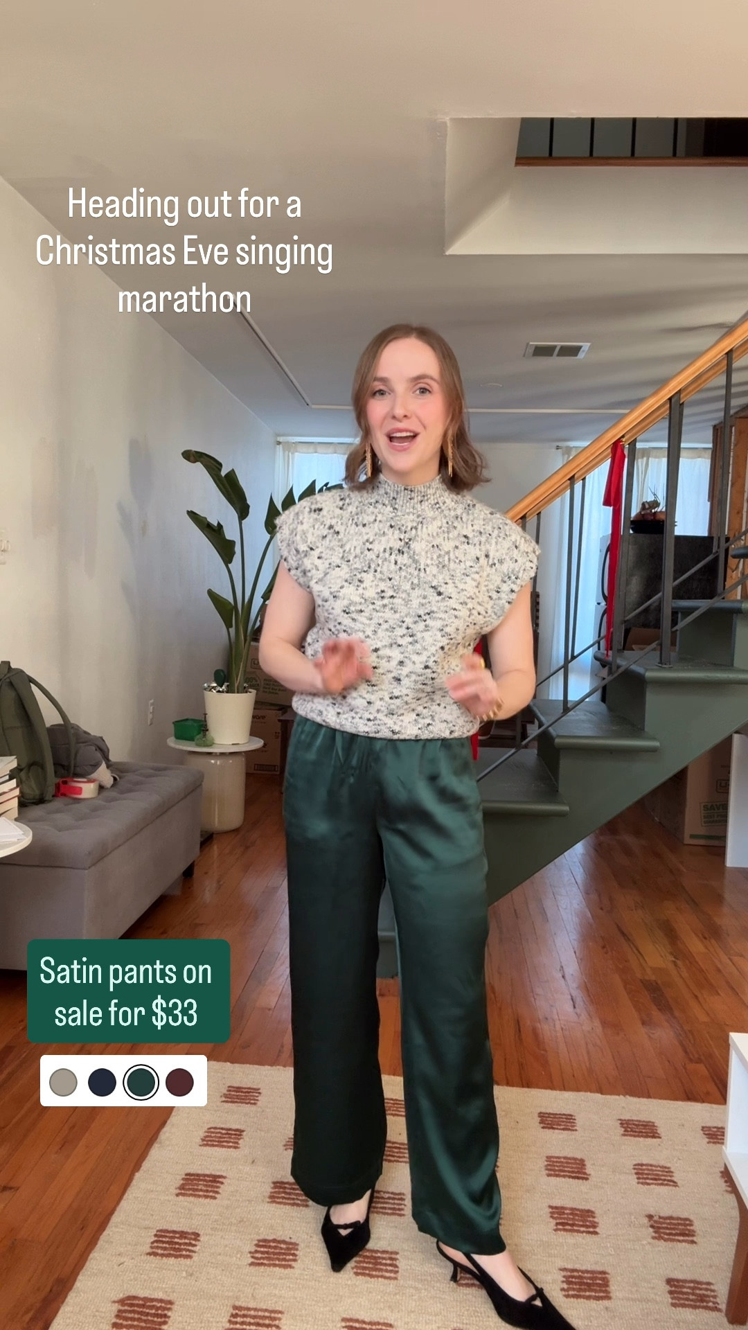 $33 satin pants to dress up or down 
Wearing xs petite xs sweater 


#LTKHoliday #LTKootd #LTKPetite