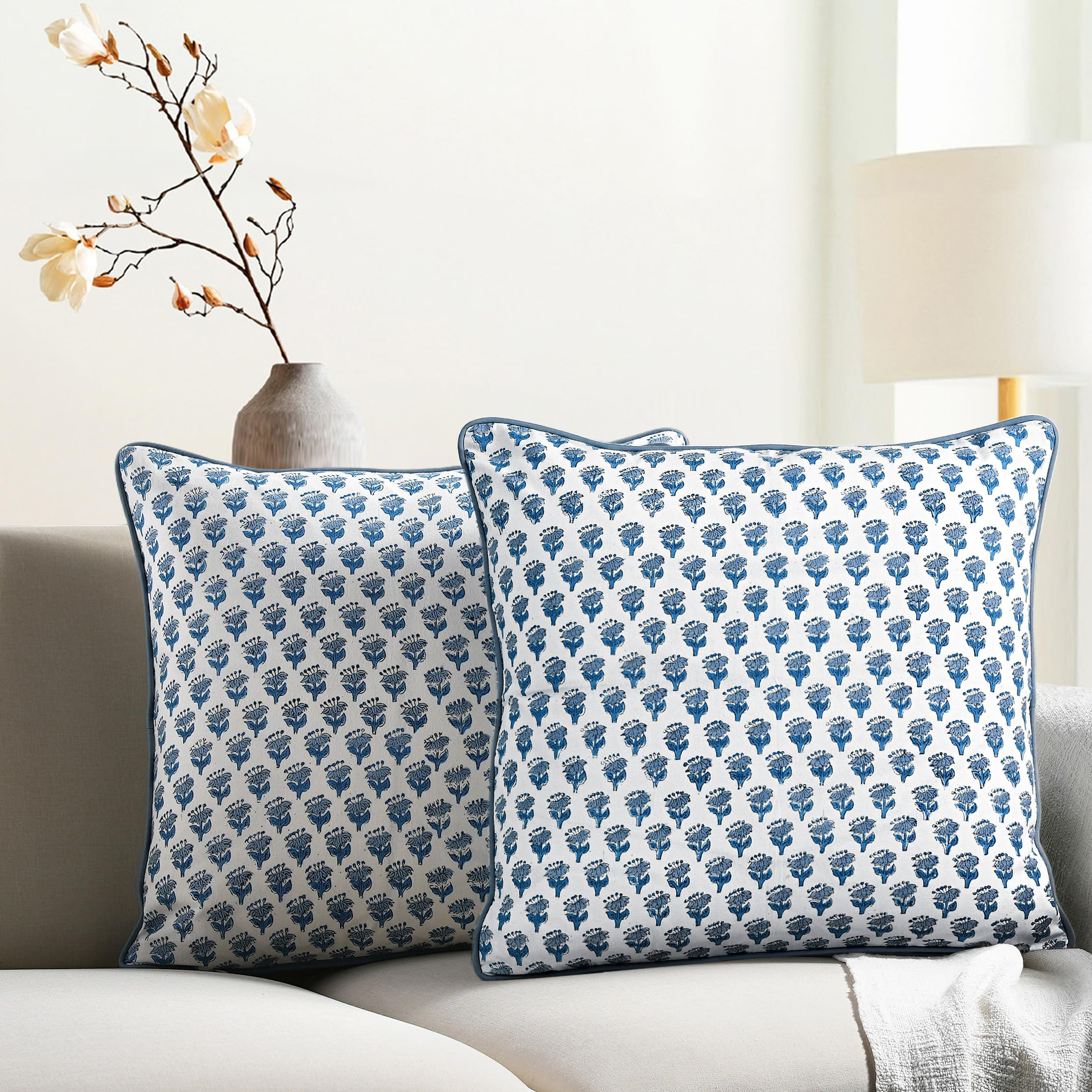 CPC 100% Cotton Throw Pillow Covers 20x20 Inch, Set of 2 Blue Block Print Pattern Couch Pillow, C... | Amazon (US)