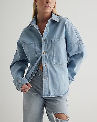 Denim Drop Shoulder Front Pocket Shacket | Express