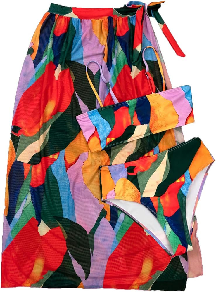 SOLY HUX Women's Color Block High Waisted 3 Piece Swimsuits Bikini Set with Skirt | Amazon (US)