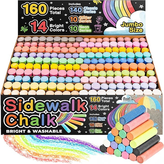 160 PCS Sidewalk Chalk for Kids - 14 Colors, 10 Glitter, 10 Neon Non-Toxic Washable Jumbo Chalks ... | Amazon (US)