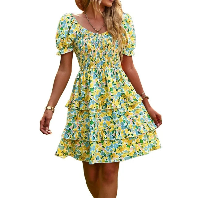 YNIQUE Women's Dresses Casual Summer Print Ruffle A Line Short Sleeve Mini Floral Dress for Women | Walmart (US)