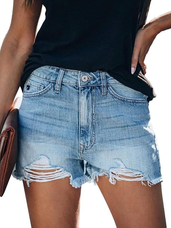 Womens Summer Casual High Rise Ripped Frayed Raw Stretchy Denim Jean Shorts | Amazon (US)