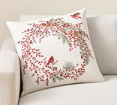 Berry Wreath Embroidered Pillow | Pottery Barn (US)