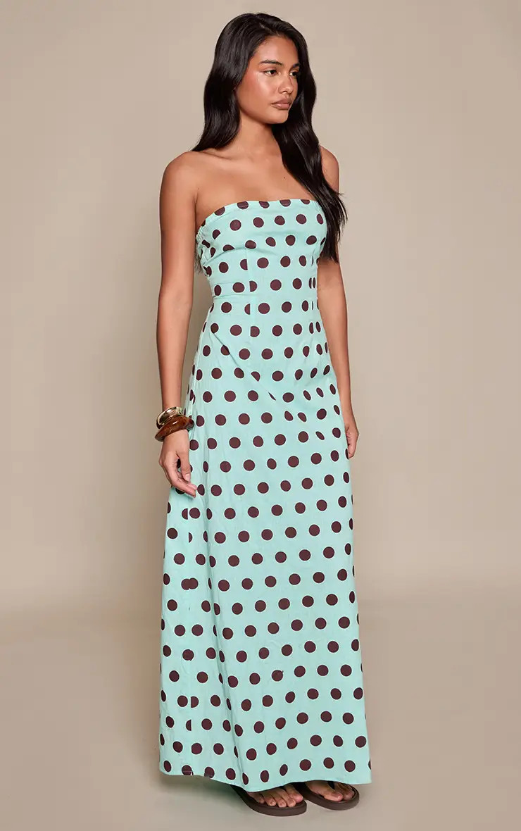 Blue PrettyLittleThing Polka Dot Linen Look Bandeau Column Dress | Boohoo | Boohoo.com (UK & IE)