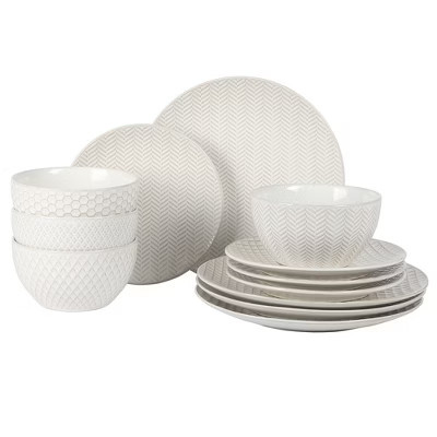 Gibson Elite Oyster Tide Embossed 12 Piece (Service for 4) Plates and Bowls Reactive Glaze Round Dishes Stoneware Ceramic Dinnerware Set White | Target