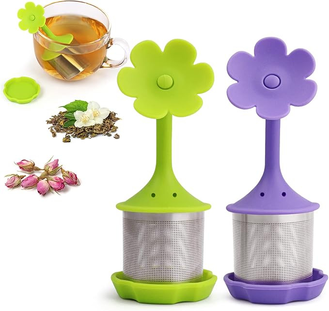 2-Pack Silicone Tea Steeper, Infusers - Fine Mesh Filters for Tea Leaves, Flowers; Purple or Gree... | Amazon (US)
