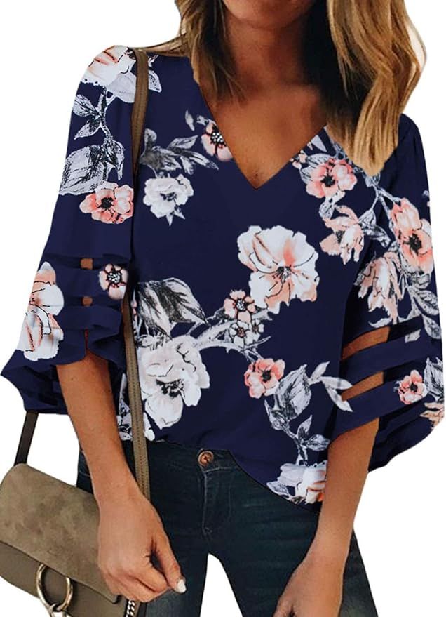 BLENCOT Womens 3/4 Bell Sleeve V Neck Lace Patchwork Floral Blouse Casual Loose Shirt Tops S-2XL | Amazon (US)