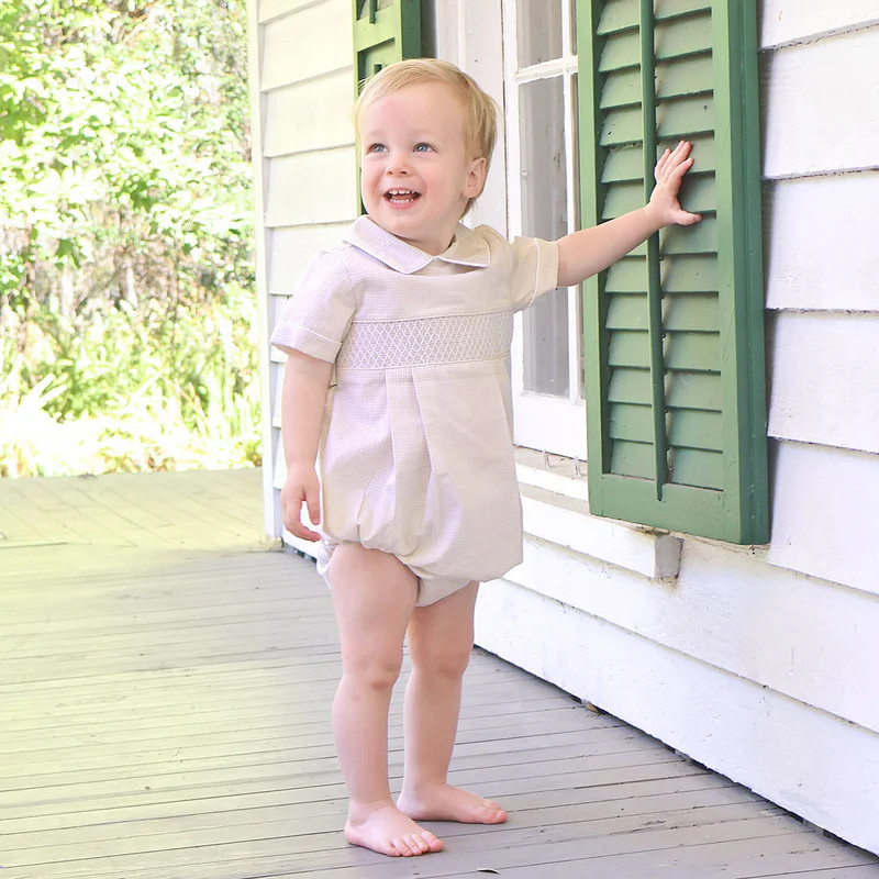 Geo Smocked Tan Gingham Collared Bubble | Classic Whimsy