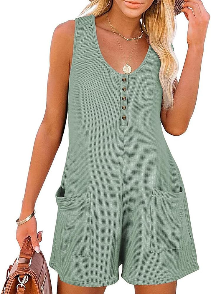 AlvaQ Womens Short Jumpsuits Solid Color Summer Casual Waffle Button Front Sleeveless Rompers wit... | Amazon (US)