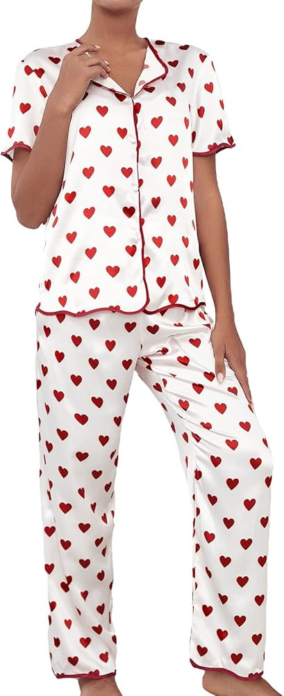 GORGLITTER Women's 2 Piece Heart Print Satin Pajama Set Short Sleeve V Neck Shirt Long Pants Loun... | Amazon (US)