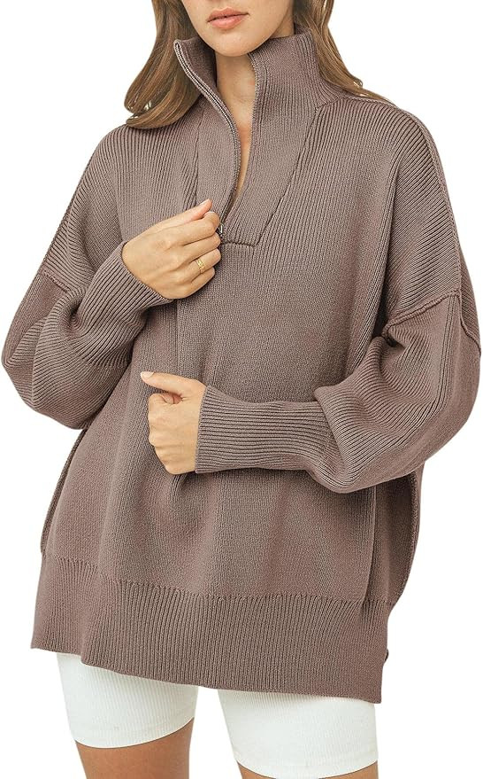 Prinbara Women's Half Zipper Long Sleeve Lapel Drop Shoulder Slouchy Oversized Sweatshirt Pullove... | Amazon (US)