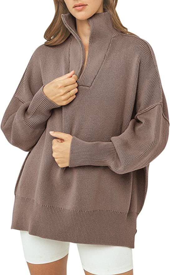 Prinbara Women's Half Zipper Long Sleeve Lapel Drop Shoulder Slouchy Oversized Sweatshirt Pullove... | Amazon (US)