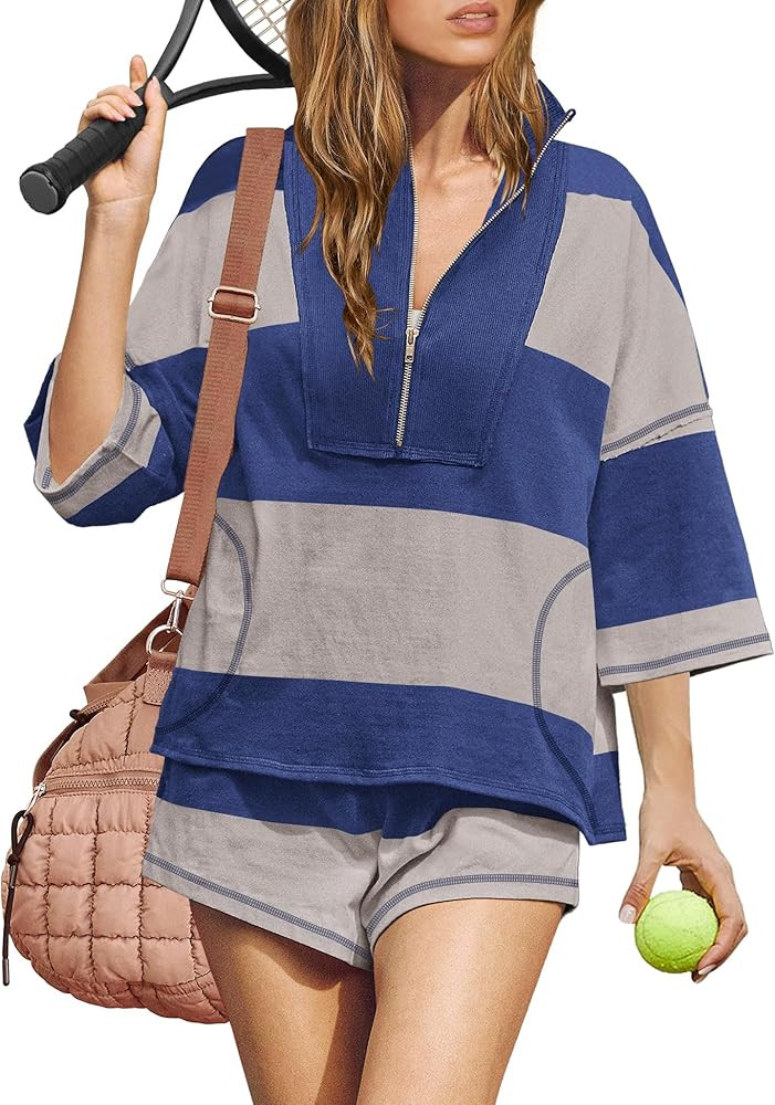 ReachMe Womens Workout Striped Short Sets 2 Piece Outfits Summer Matching Lounge Sets Top and Sho... | Amazon (US)