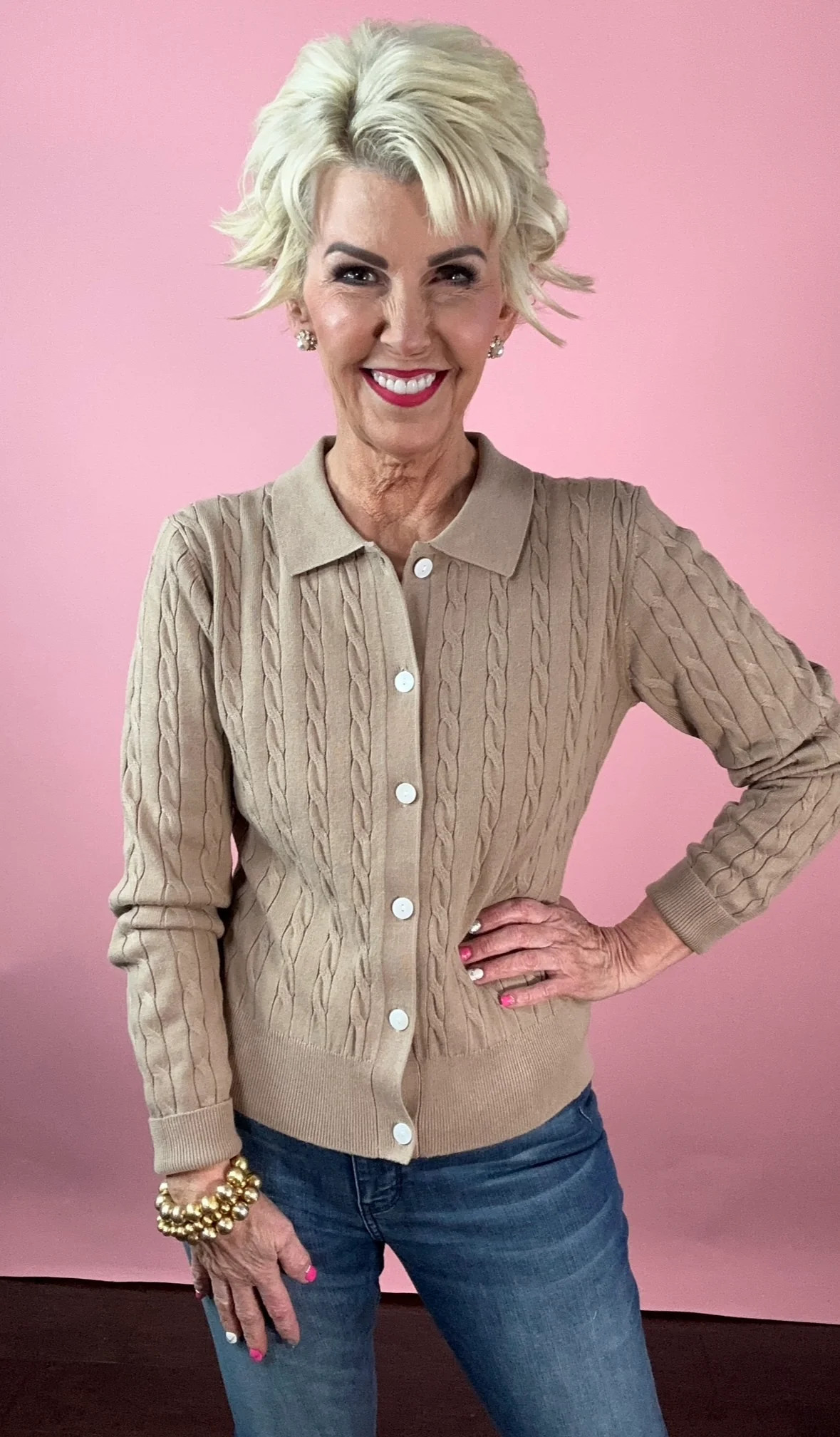 Taupe Button Up Cardigan | Peppered with leopard