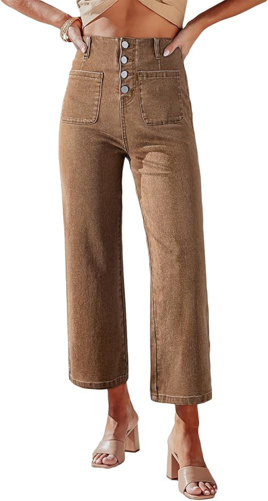 Sidefeel Women's Wide Leg Jeans High Waisted Zimbaplatinum Stretchy Straight Leg Jeans Buttoned L... | Amazon (US)