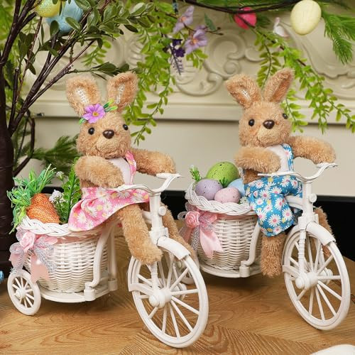 Juegoal Set of 2 Easter Tabletop Decorations Bunny Couple, 10" Rabbits Ride Bike, Cute Animal Figurine Gift, Easter Basket Filler Spring Home Kitchen Room Ornament | Amazon (US)