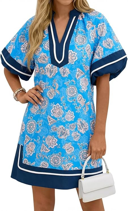Wenrine Womens Summer Mini Dress Puff Sleeve Casual V Neck Floral Color Block Side Slit Loose Shi... | Amazon (US)