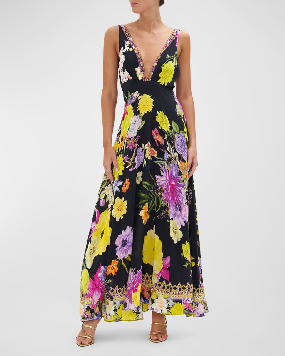 Camilla Plunge Floral Silk Maxi Dress | Neiman Marcus