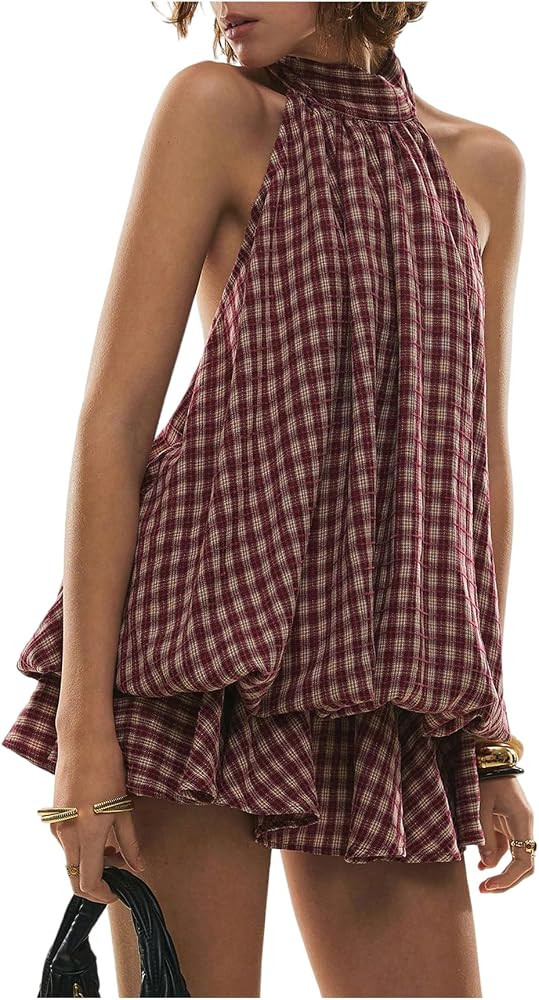 SOLY HUX Women's Plaid Halter Mini Dress Y2K Bubble Dresses | Amazon (US)