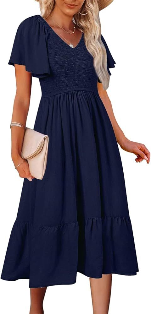 MEROKEETY Womens 2023 Summer Casual V Neck Ruffle Sleeve Smocked High Waist Midi Dress with Pockets | Amazon (US)