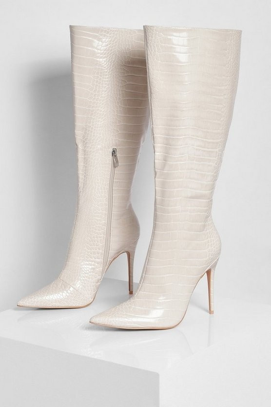 Croc Pointed Toe Stiletto Heel Knee High Boots | Boohoo.com (US & CA)