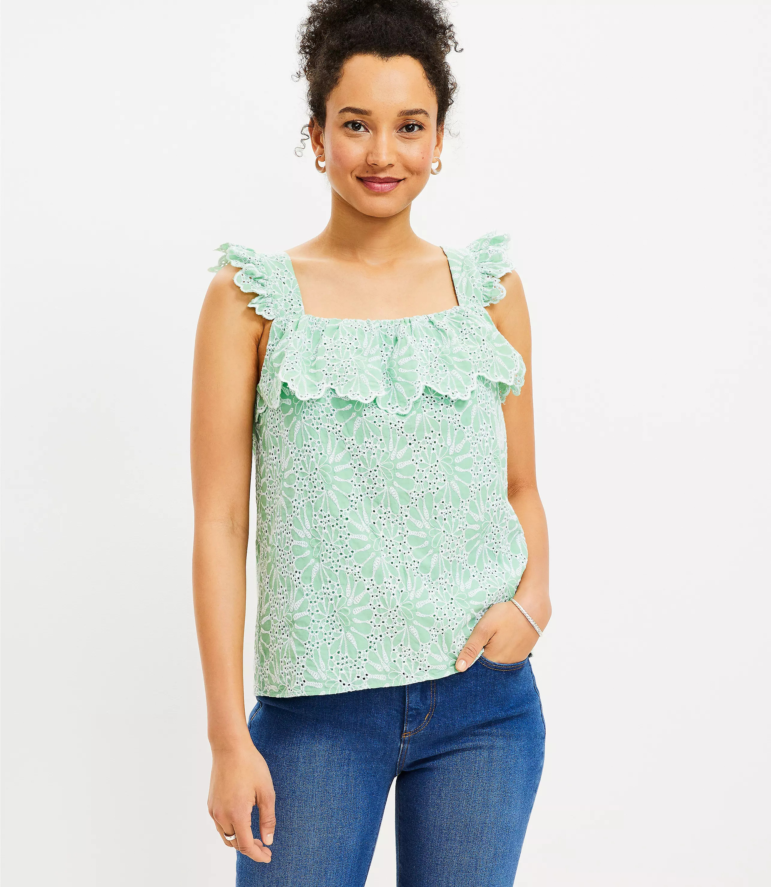 Eyelet Ruffle Square Neck Tank Top | LOFT