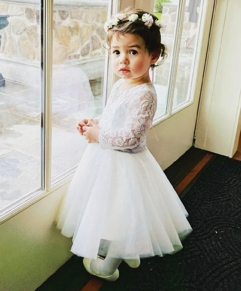 Long Sleeve Flower Girl Dress, Ivory Flower Girl Dress, Lace Flower Girl Dress, Tulle Flower Girl... | Etsy (US)