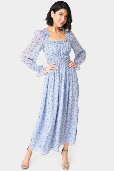 Long Sleeve Square Neck Shirred Maxi Dress | Gibsonlook