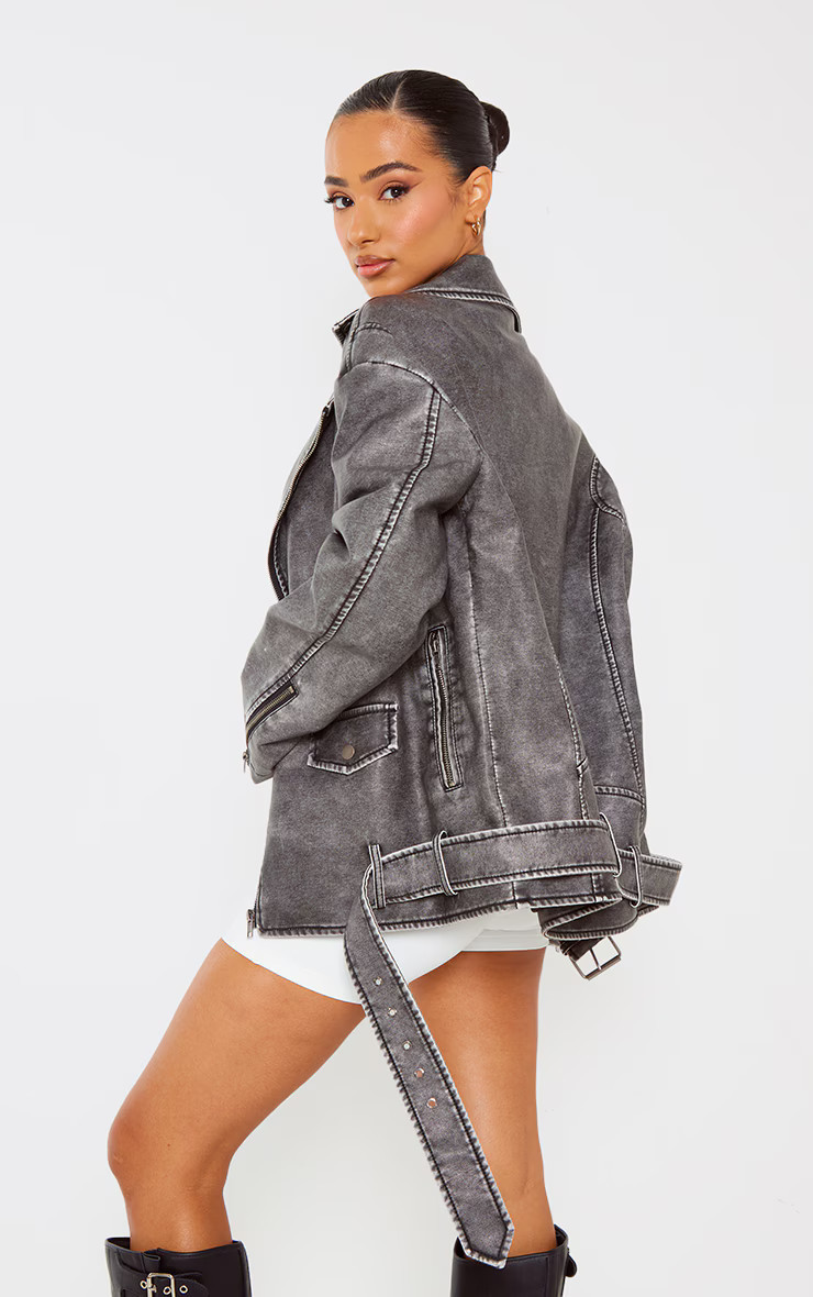 Petite Grey Distressed Look Faux Leather Longline Jacket | PrettyLittleThing UK