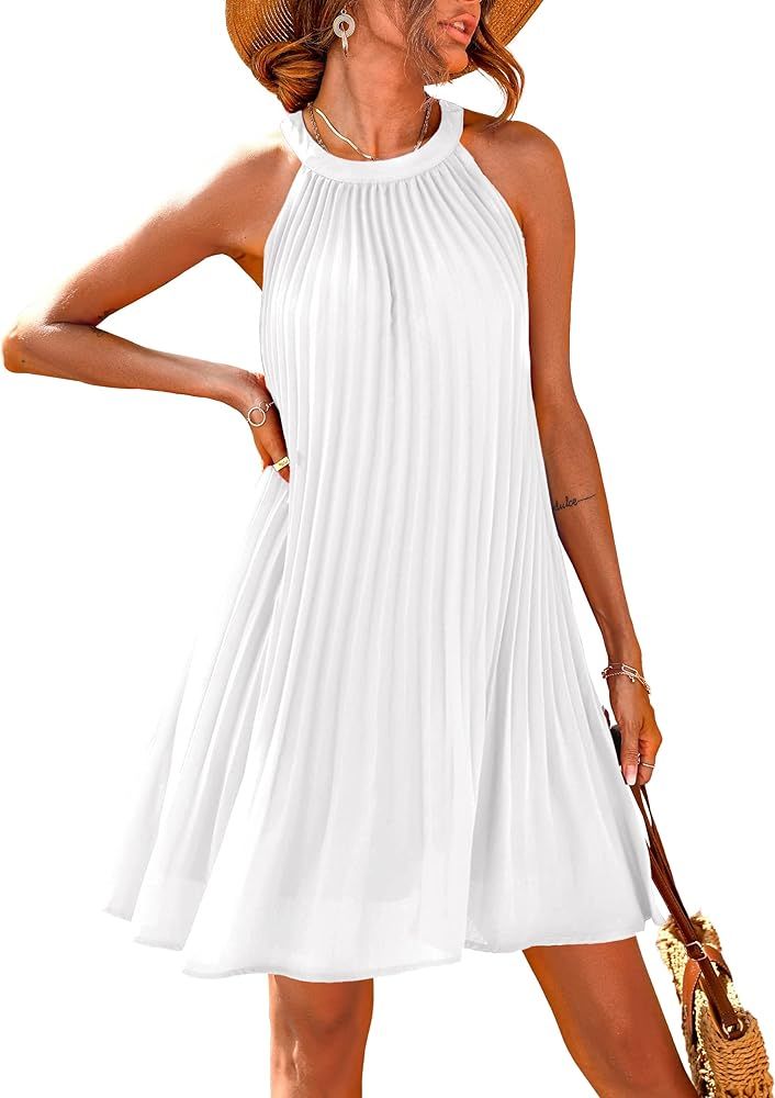 Halter Neck Sleeveless Mini Dress Pleated Beach Dress Sundress, Amazon Sundress, Amazon Dress Outfit | Amazon (US)