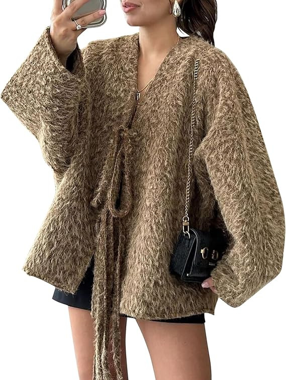 COZYPOIN Women's Bow Tie Front Cardigan Jacket Fuzzy Oversized V Neck Long Sleeve Batwing Wool Bl... | Amazon (US)