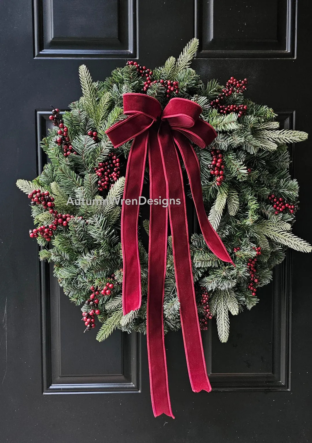 24 Inch Large Winter Door Wreath With Dark Burgundy Red Velvet Bow, Christmas Door Wreath With Re... | Etsy (US)