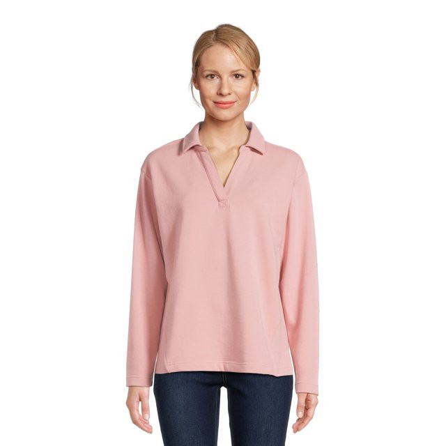 Time and Tru Women's Split Neck Long Sleeve Collared Sweatshirt with Contrast Rib Side Panels XS-... | Walmart (US)
