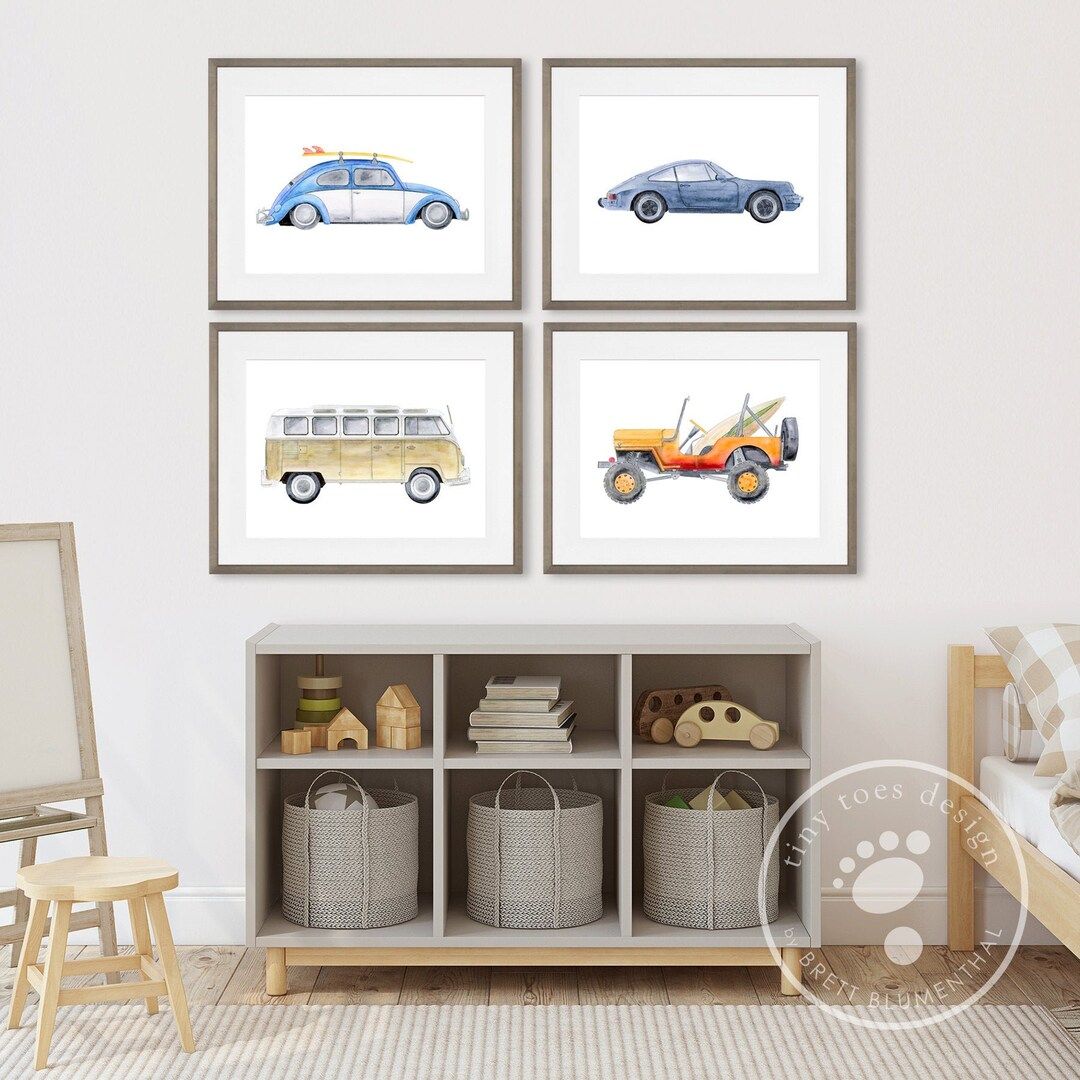Framed Car Prints, Surf Baby Car Print Set of 4, Kids Room Wall Art, Vintage Car Watercolors, Boy... | Etsy (US)