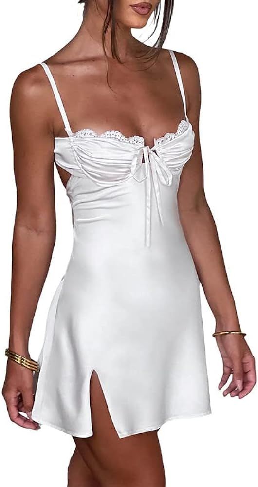 Juakoso Women's Rhinestone Spaghetti Strap Dress Ruffle A Line Cami Dress Tiered Flowy Mini Dress... | Amazon (US)