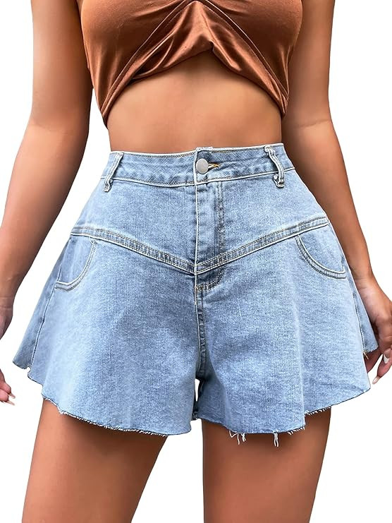 Floerns Women's High Waist Ruffle Raw Hem Loose Fit Wide Leg Denim Shorts | Amazon (US)
