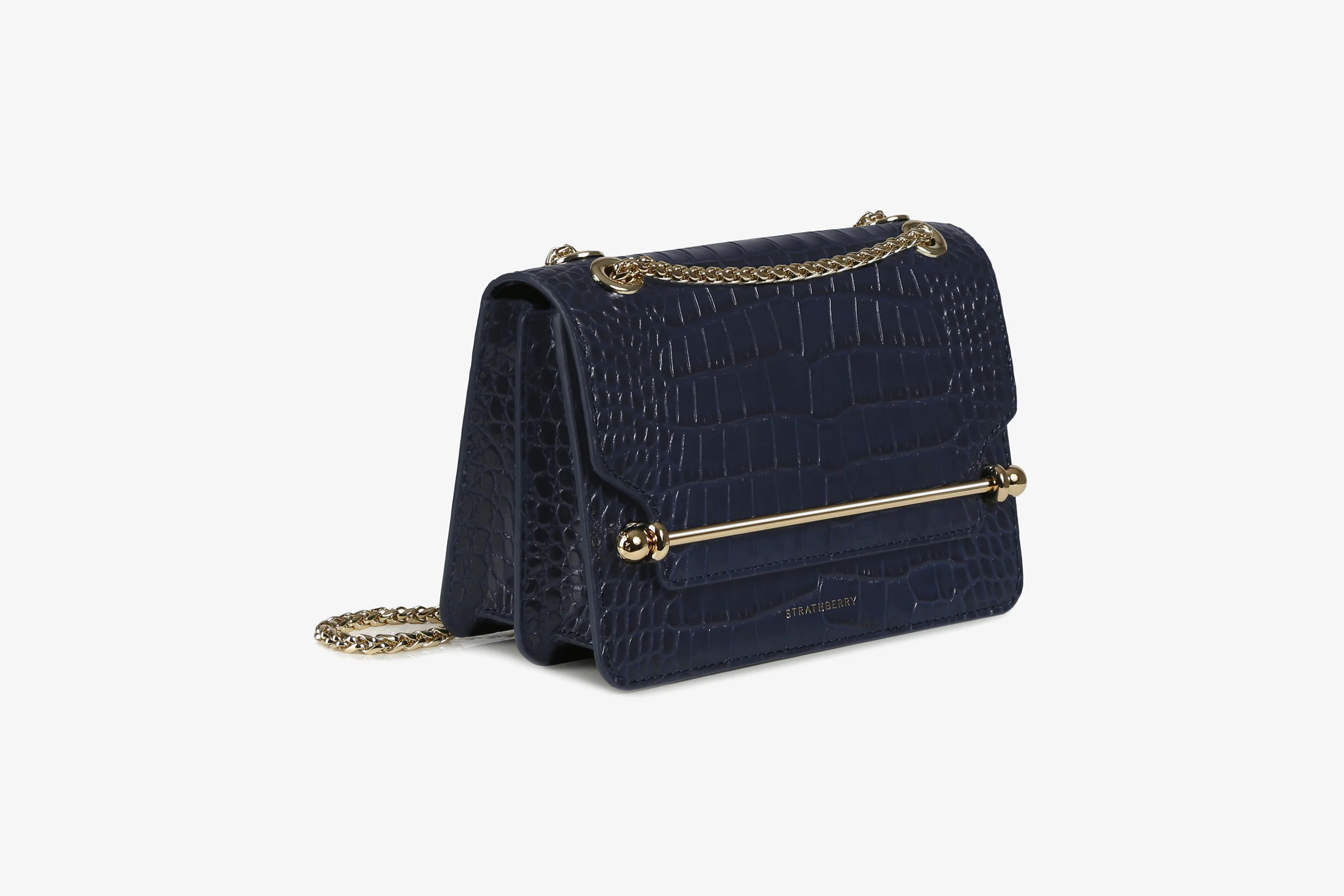 East/West Mini - Croc-Embossed Leather Navy | Strathberry