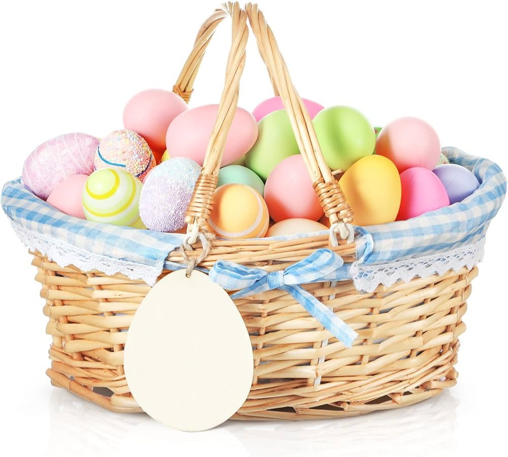 Leinuosen Easter Basket Wicker Picnic Basket with Wooden Egg Cutout Woven Candy Storage Gift Wine... | Amazon (US)