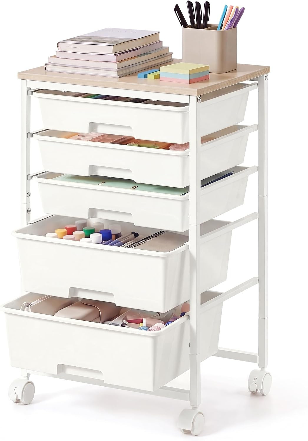 VASAGLE Rolling Cart with Drawers,5 Drawers Storage Cart, White | Amazon (US)