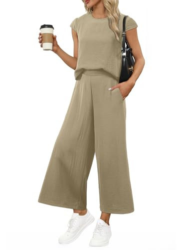 EVALESS Travel Outfits for Women 2 Piece Sets Airport Tropical Beach Vacation Clothes Travel Outfits for Women Cruise Resort Wear Khaki X-Large | Amazon (US)